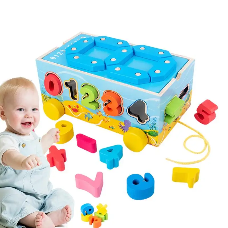 Kids Number Match Shape Sorter Toys Wooden Pull Along Car Shape Sorter Matching Blocks Box Intelligence Montessori Educational