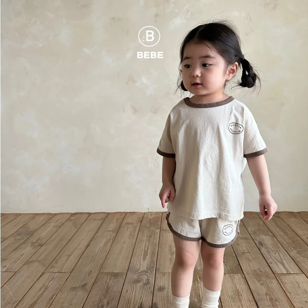 Korean version of baby children\'s clothing cotton  casual short-sleeved shorts suit 2024 summer letter circle sportswear suit