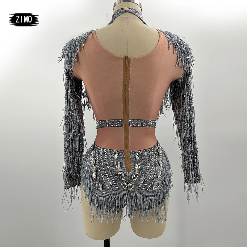 Sparkly Rhinestone silver Fringes Bodysuit Dance drag queen Costume Big Crystals Bodysuit Tassel DJ DS club birthday Party Stage