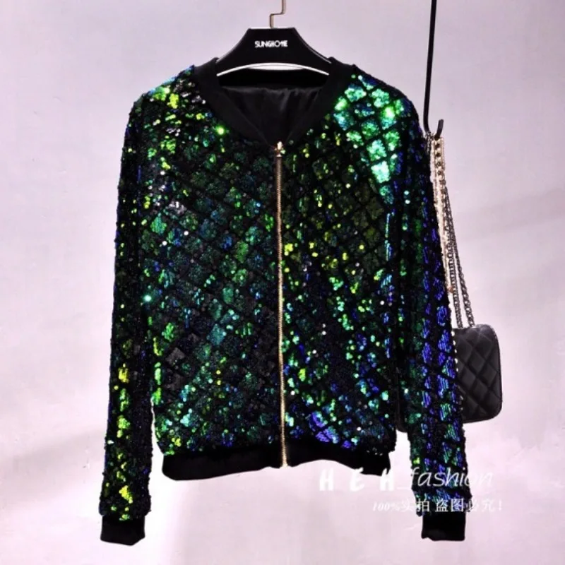 New Sequined Jacket Small Coat Round Neck Long Sleeves Versatile Short Hong Kong Style Chic Top Baseball Uniform for Women