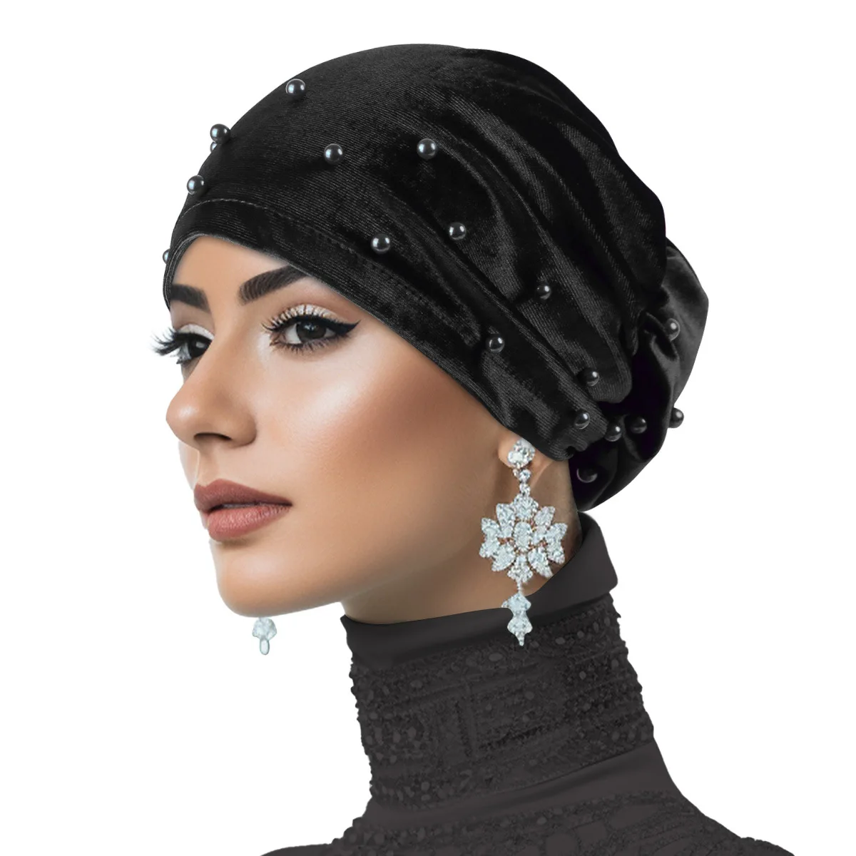 جديد المخملية عمامة الخرز اللؤلؤ قبعة زهرة مسلم الحجاب المرأة رئيس التفاف قبعة بونيه الكيماوي قبعة الحجاب فقدان الشعر Turbante Mujer