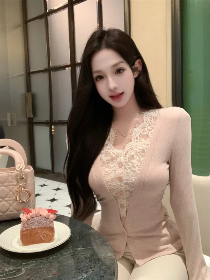 

Элегантная женская рубашка с кружевными вставками, приталенная, с длинным рукавом, осенняя, с зауженной талией, на пуговицах, во французском стиле, однотонная