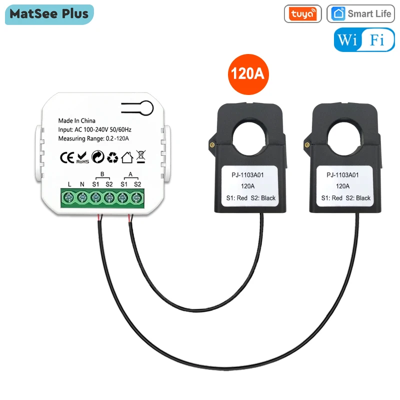 Tuya Smart Life WiFi compteur d'énergie 120A bidirectionnel 2 canaux avec pince App moniteur exportation solaire et puissance d'importation AC110V/240V