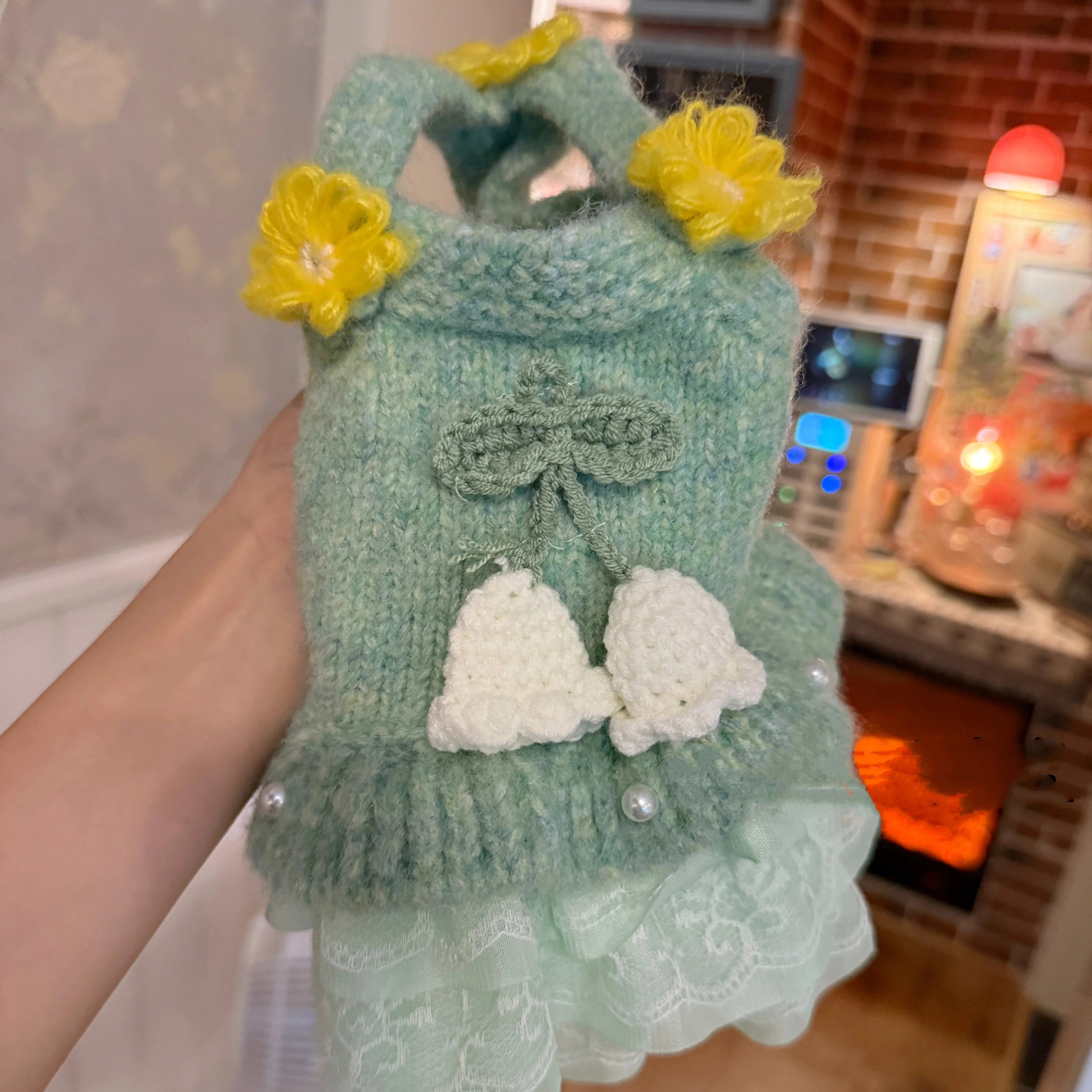 

Green Bellflower Design Exquisite Pet Knitted Dress With Pearl Lace - Autumn Dog Dress Sweater