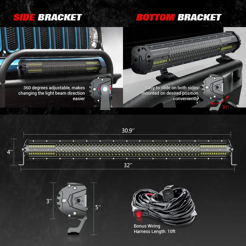 MICTUNING Magical M2 32 Inch Aerodynamic LED Light Bar - 240w Quad Row Off Road Lights with 2 Style Adjustable Mounting Brackets