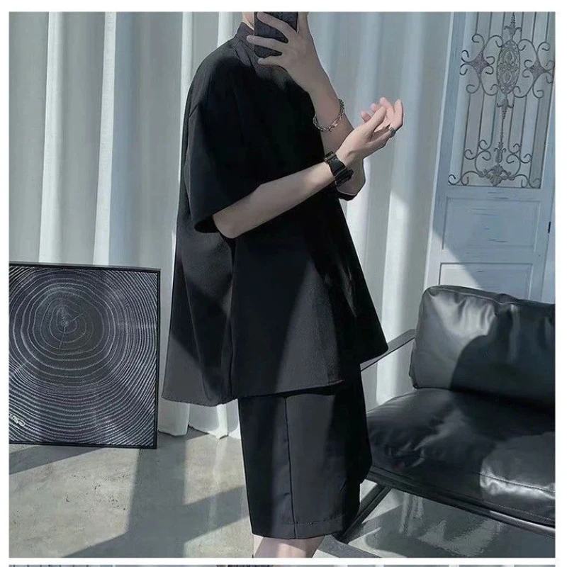 Men\'s Vintage Black Loose Blouse Summer New Short Sleeve Polo Neck Solid Color Ice Silk Shirt Tops Fashion Trend Men Clothing