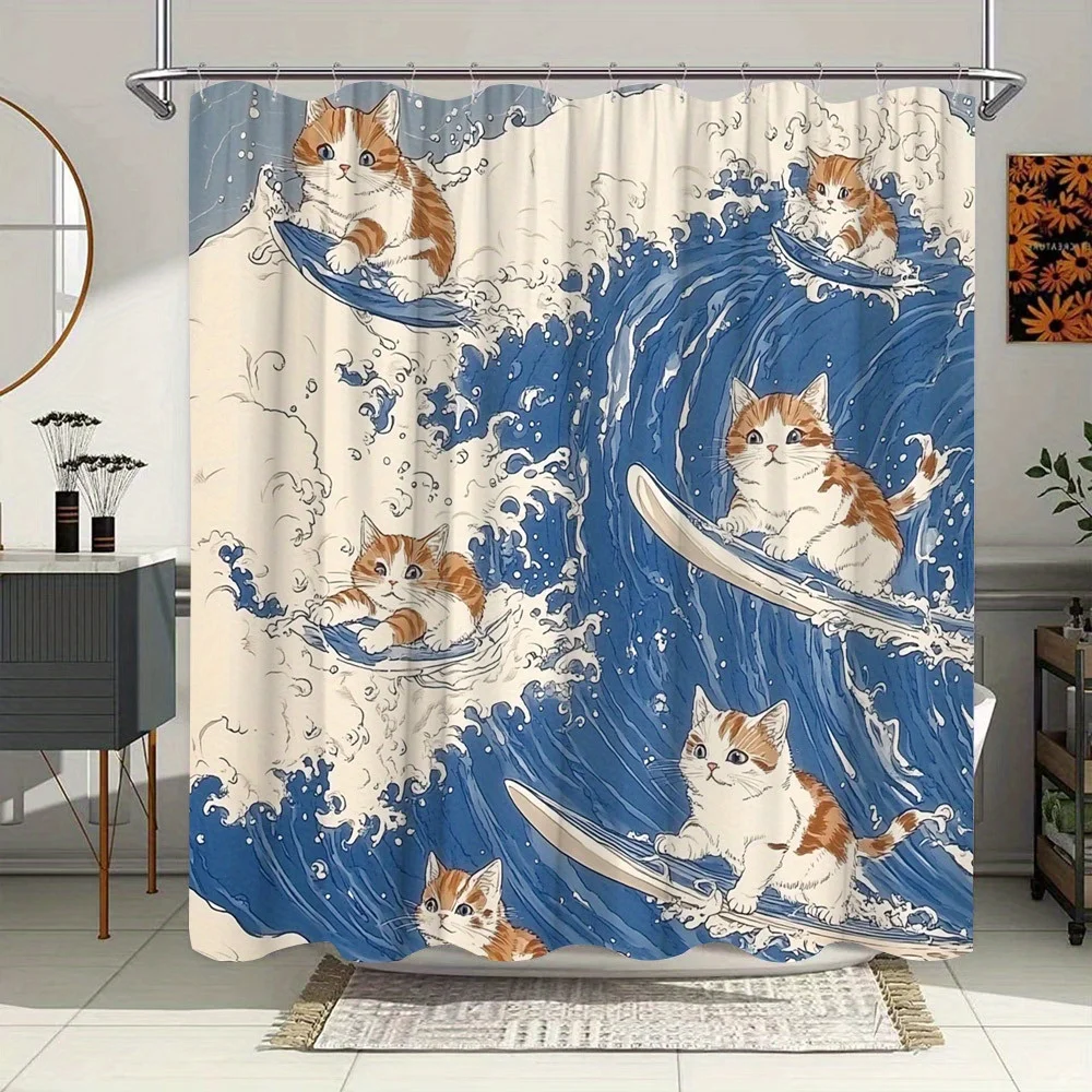 

Занавеска для душа — котята с имбирем, серфинг, стиль Ukiyo-e, яркие цвета, полиэстер, игривый декор для ванной комнаты