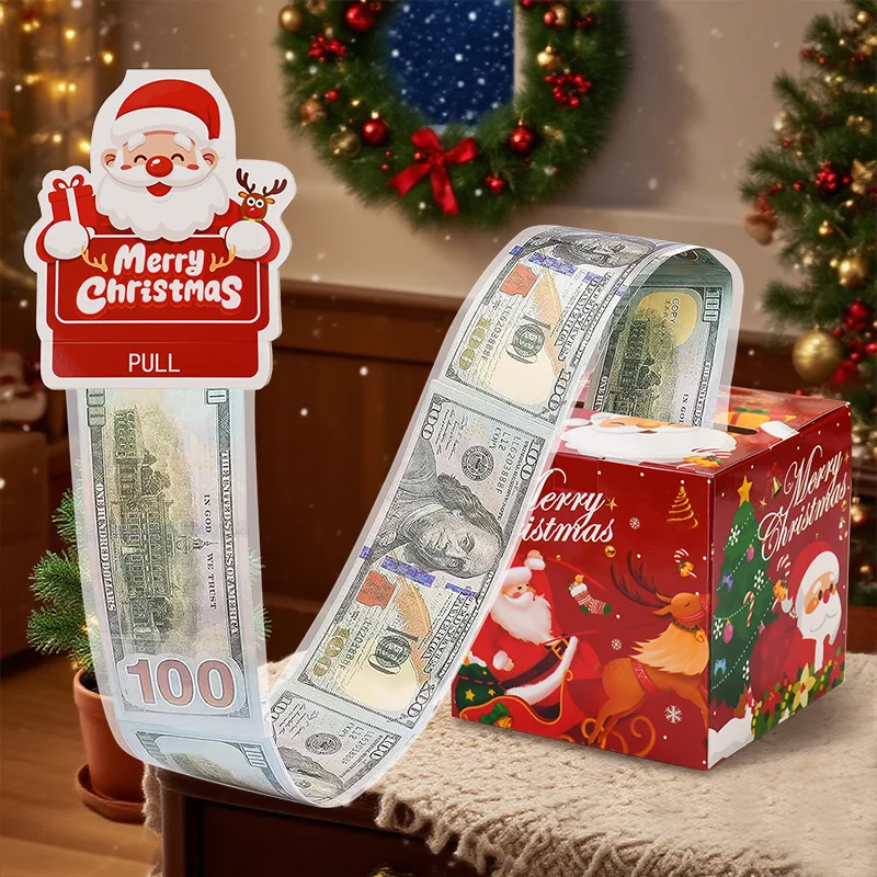 Weihnachts-Geld-Geschenkbox, Bargeld, herausziehbare Aufbewahrungsbox mit 52, transparenter Tasche, für Kinder, Weihnachten, DIY, Überraschungsgeschenk, Neujahr, Party-Dekoration
