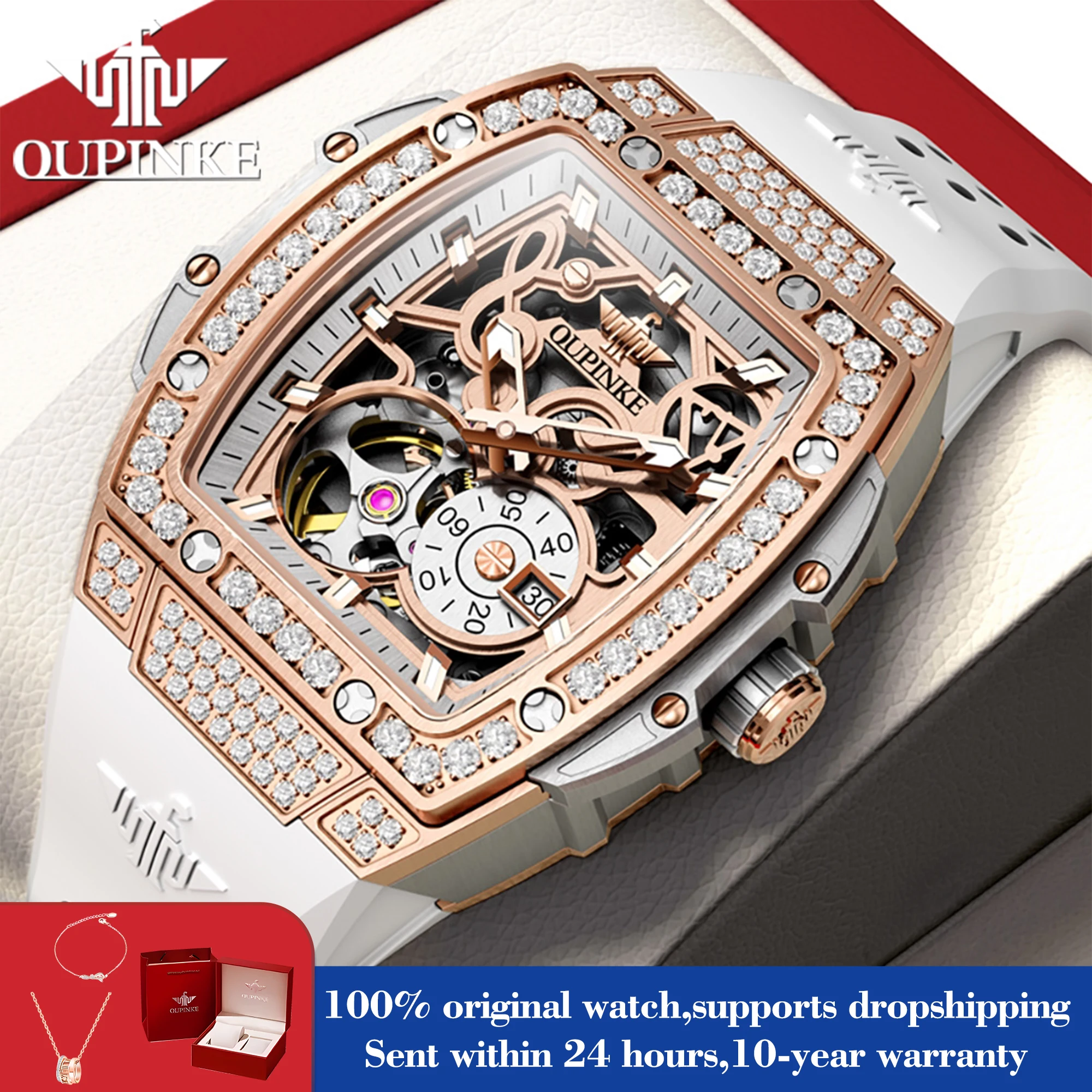 OUPINKE 3220 Luxur Hollow Mechanical Watch For Women Diamond Original Automatic Hand Clock Deep Waterproof Silicone Strap Watch