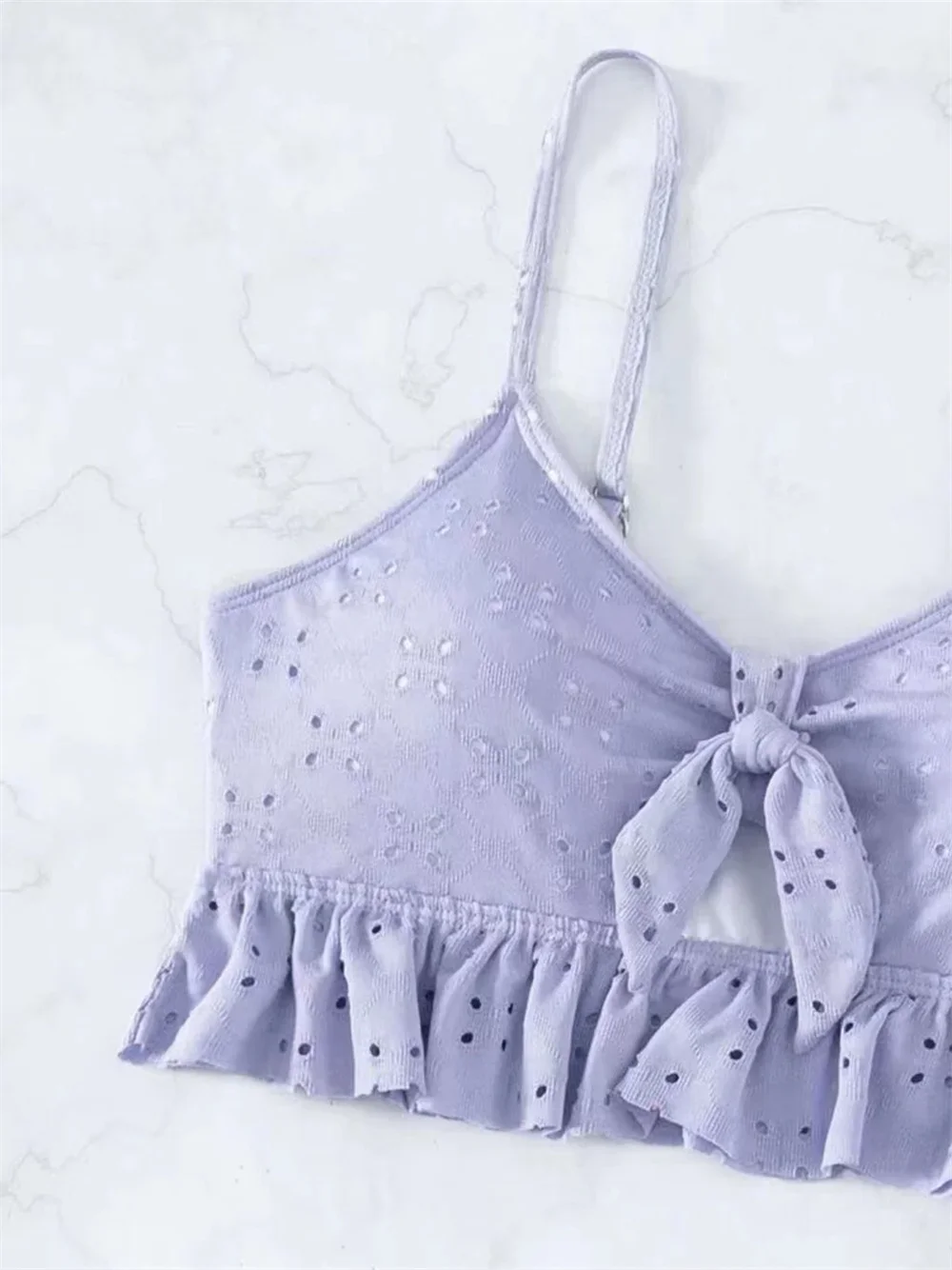 보라색 비키니 섹시한 구멍 수영복 프릴 마이크로 슬링 익스트림 Tankini 수영복 비치 의상 여성 수영복 Y2K 비키니 세트