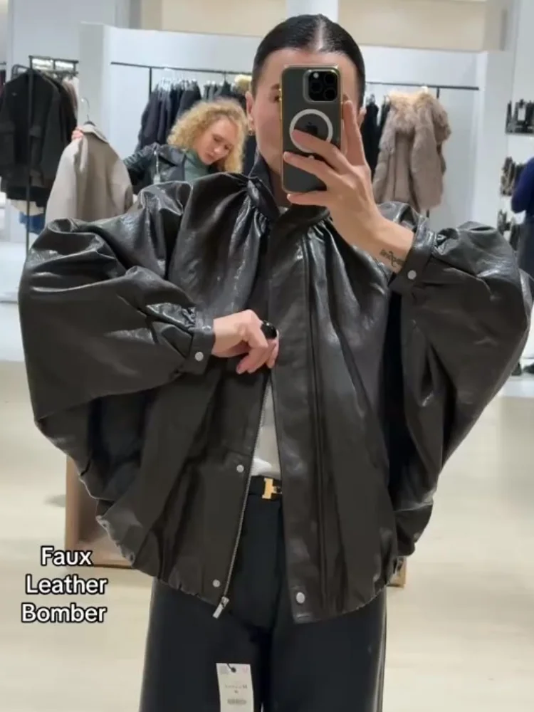 Giacca casual in pelle con mantella con maniche a pipistrello Colletto alla coreana da donna Cappotti bomber monopetto con cerniera a maniche lunghe Cappotto da strada quotidiano da donna