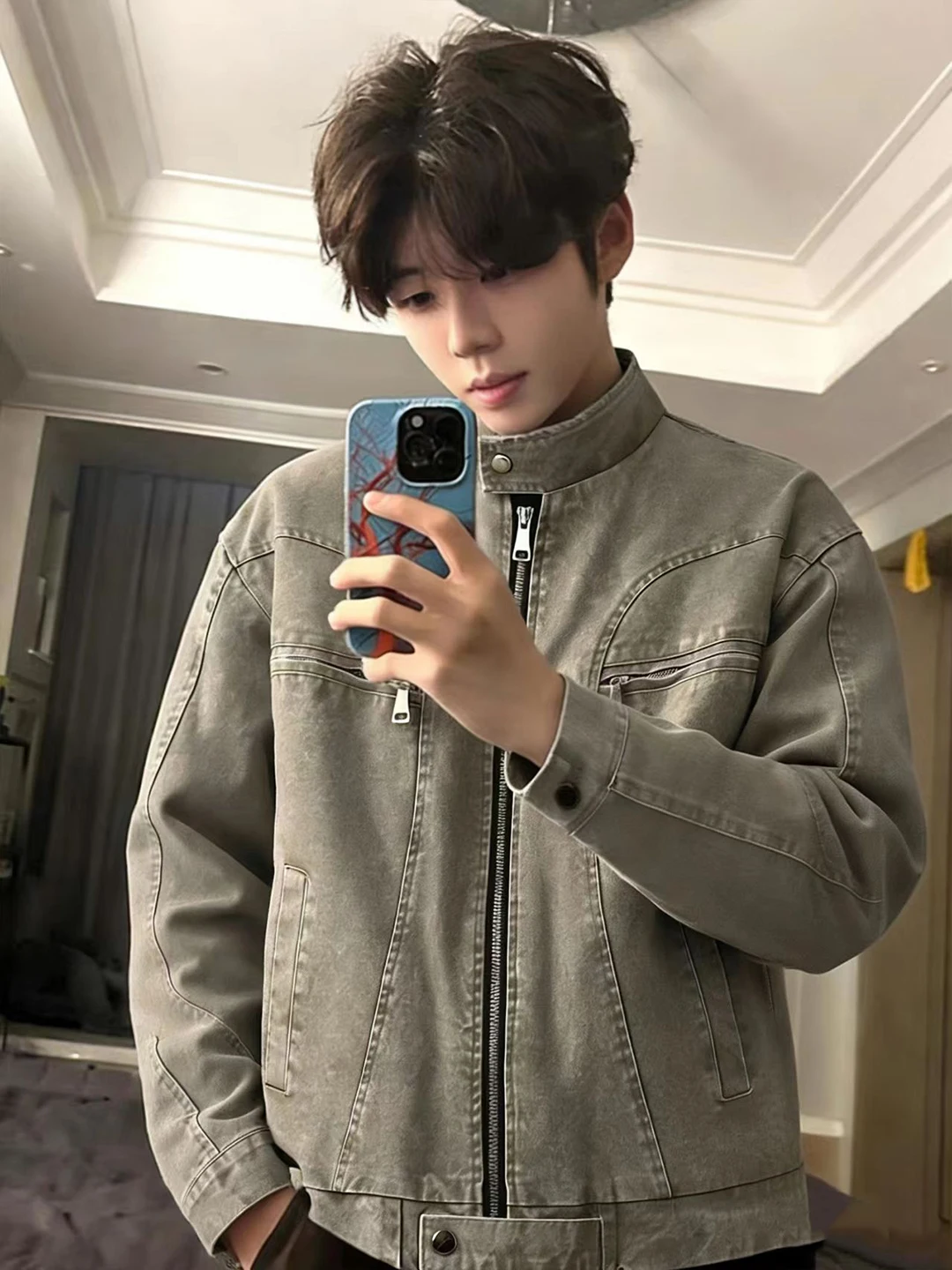 

ey Waed Denim Jaet Men's Spring American High Street Stand Collar ort Workwear irt Sle Zipper Closure Outerwear