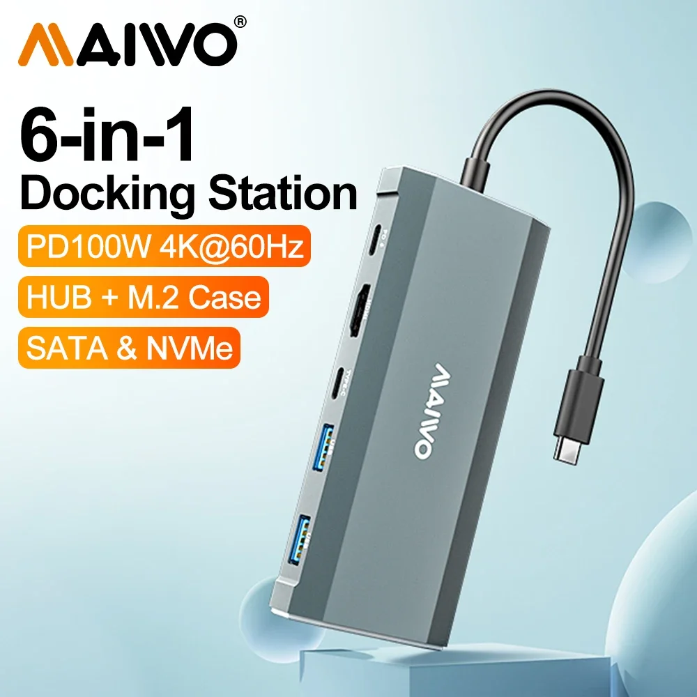 MAIWO M.2 NVMe SATA SSD Enclosure NVME/SATA Dual Protocol Hard Drive Enclosure 4K HDMI-compatible PD 100W PD 6 in 1 USB C HUB