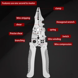 Pintudy 21 in 1 Wire Stripping Pliers Bent Non Slip Handle Electrician Hand Tools Multitool Adjustable Automatic Stripper Tool