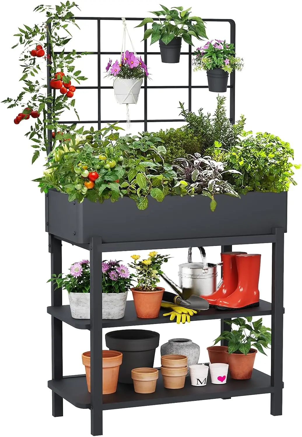 

Elevated Planter Box with Trellis Raised Garden Bed with Legs Outdoor Standing Flower Beds for Patio Vegetable Herb