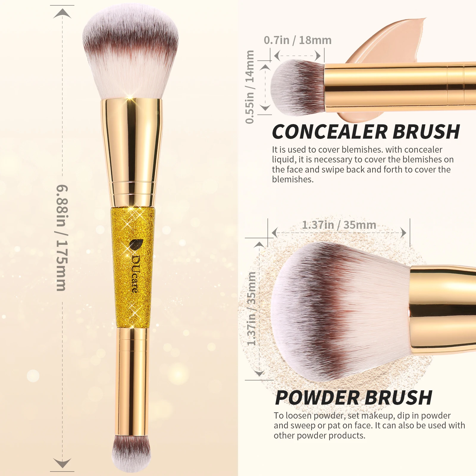 DUcare Dou-ended Powder Brush Concealer Brush Makeup Brushes Perfect for Rounded Taperd Liquid Cream Blending Buffing Foundation