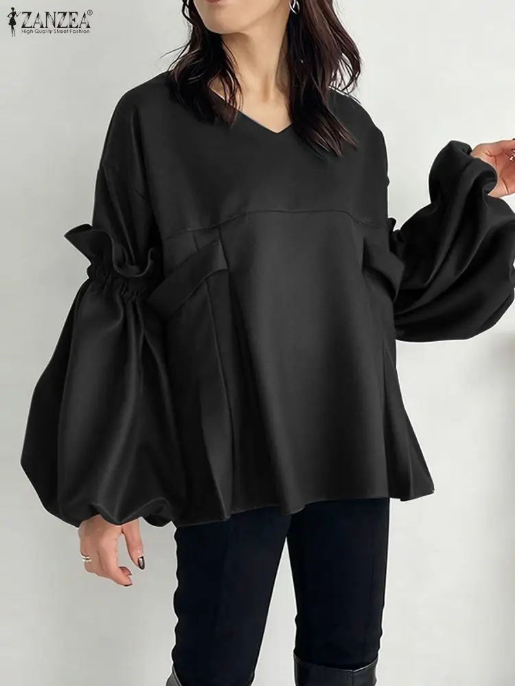 

ZANZEA Elegant Women Blouse 2025 Fashion Autumn Long Lantern Sleeve Tunic Tops V-neck Pleated Office Work Shirts Ruffled Blusas