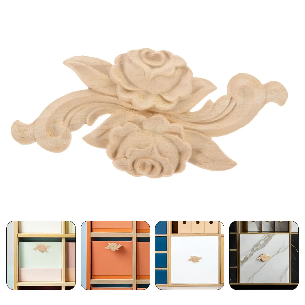

2pcs Solid Wood Rose Carved Appliques For Furniture Unpainted Wall Decor Living Room Flower Pattern Cabinet Applique Wood Onlay