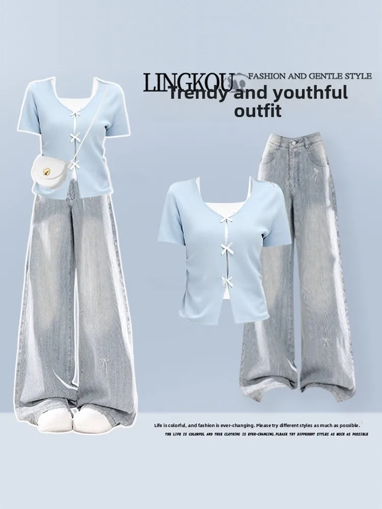 

Korean Style Women's Summer Set Sweet Soft Knitted Top with Vintage Light Blue Jeans Two-Piece Suit Short Sleeve V-Neck Butto...