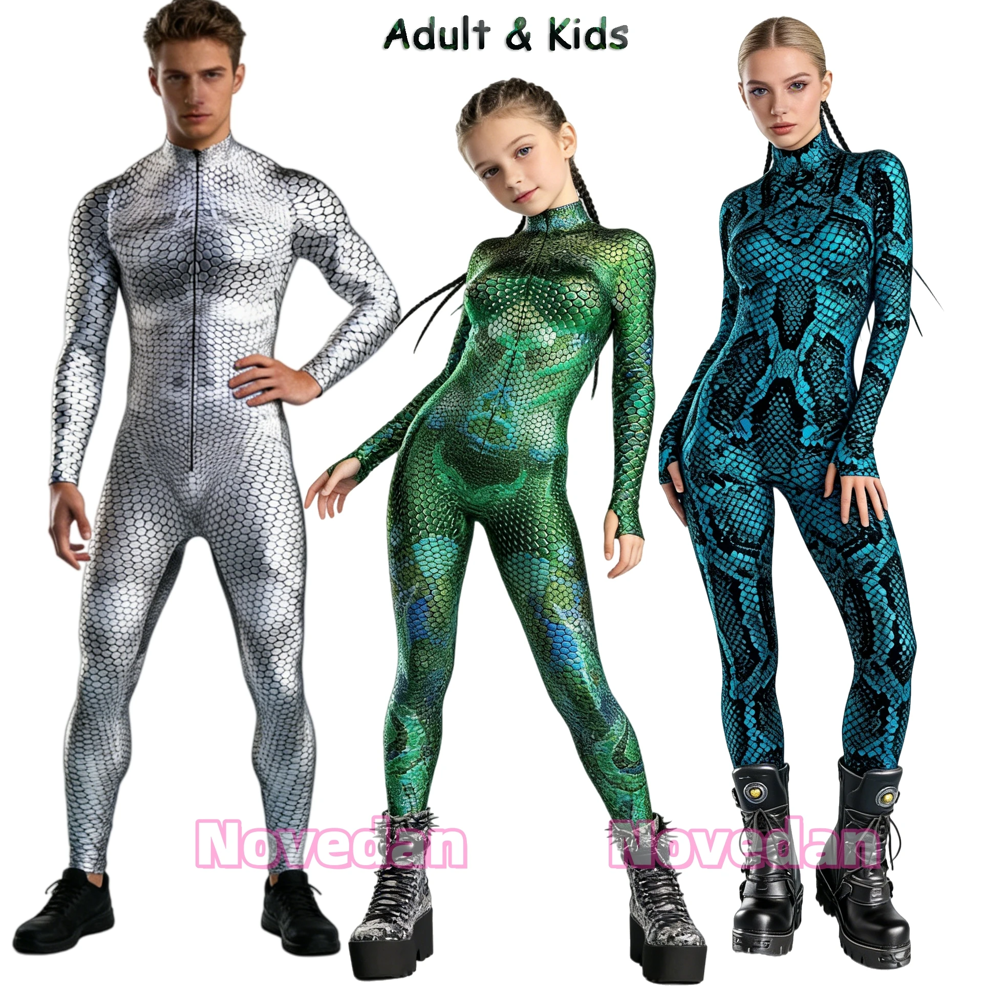 Neuer Halloween Sexy Schlangenhaut-Print Cosplay Jumpsuit für Damen, Schlangen-Bodysuit für Mädchen, Zentai-Anzug für Herren, Themenparty-Catsuit, Rave-Outfit