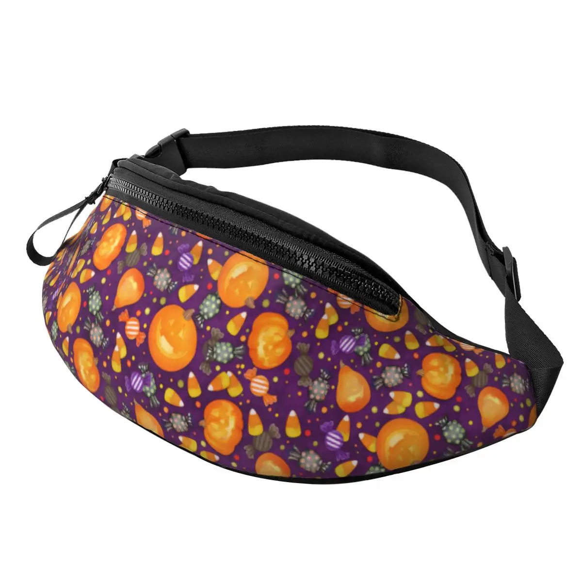 

Custom Halloween Candy Pumpkins Fanny Pack Men Women Fashion Crossbody Waist Bag for Travel Cycling Phone Money Pouch