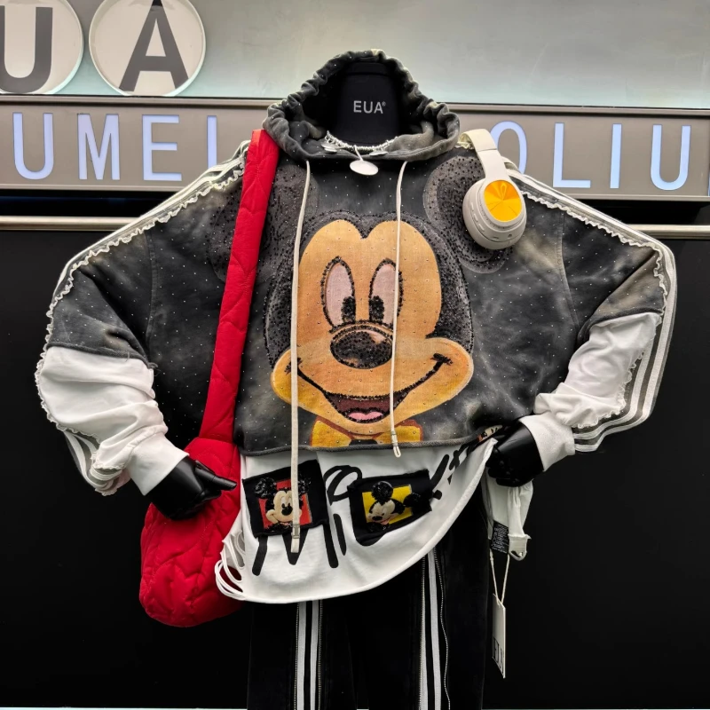 2025 Autumn New Sweet Sweatshirt Jacket Heavy Rhinestone Cartoon Distressed Fake Two-Piece Loose Hooded  Sudaderas For Women