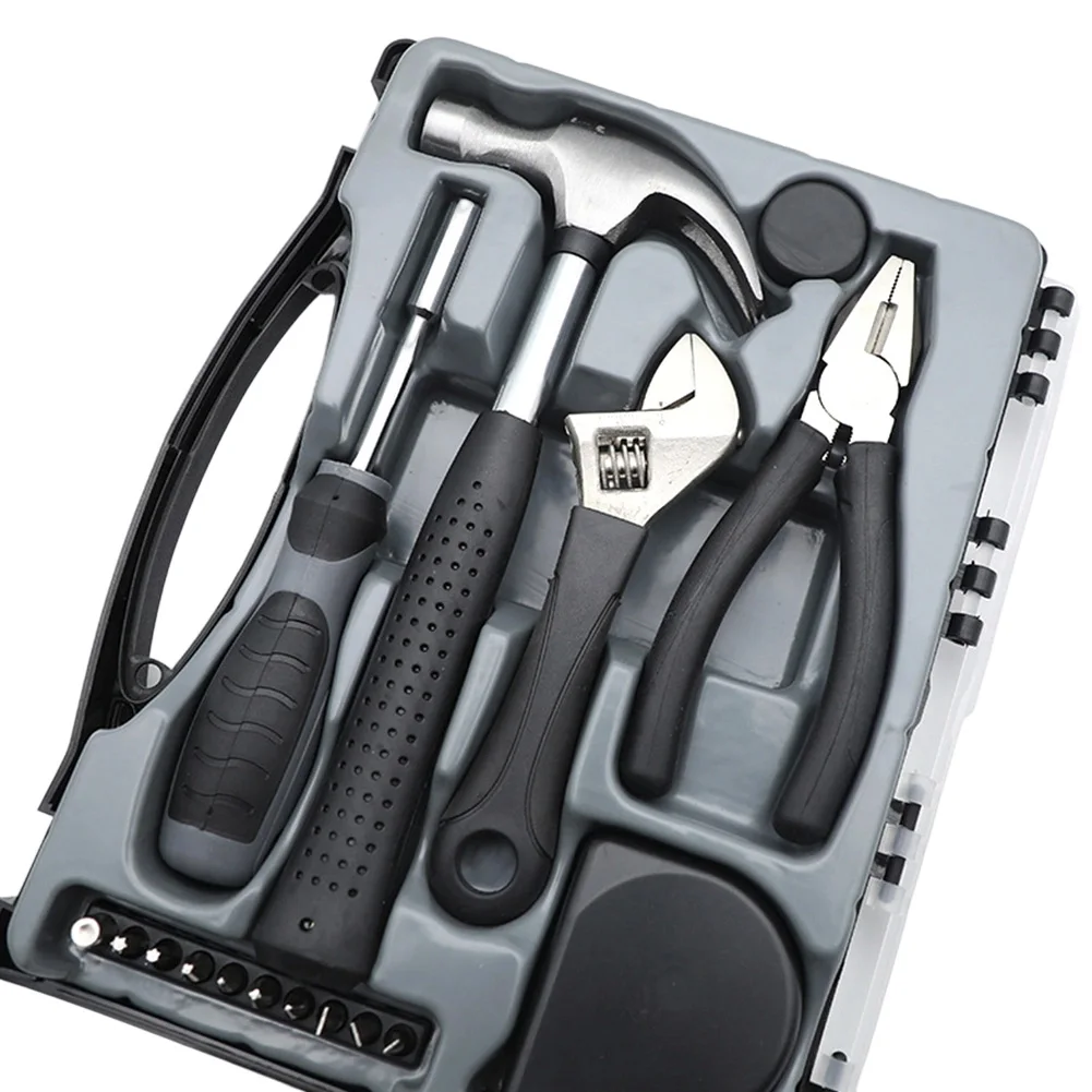 15 Piece Carbon Steel Hand Tool Set With Pliers Wrench Hammer For DIY Home Repair Maintenance Storage Box Kit