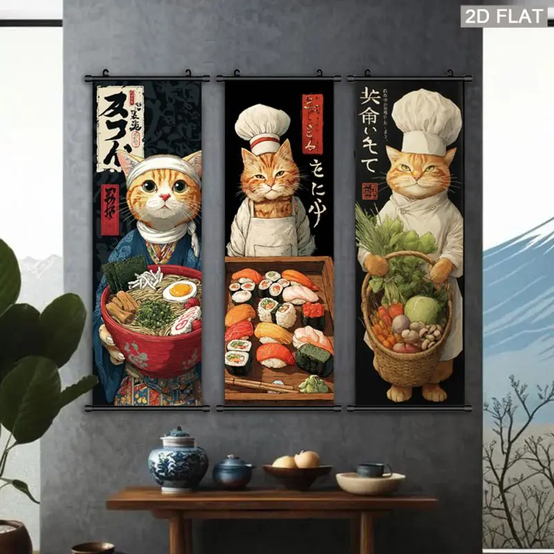 VIKAMA Orange Cat Chef Sushi Wall Tapestry Japanese Noodle Vegetable Scroll Art Home Decor Retro Style Soft Durable Cozy Gift