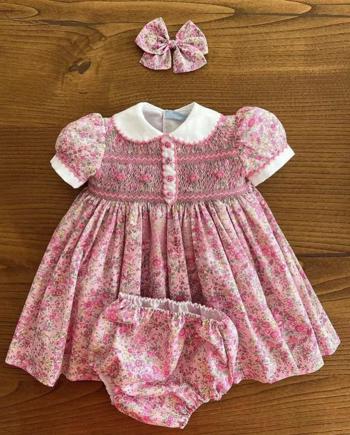 0-12Y Baby Girl Summer Pink Floral Handmade Embroidery Smocked Vintage Princess Dress for Birthday Photography Holiday Eid A278