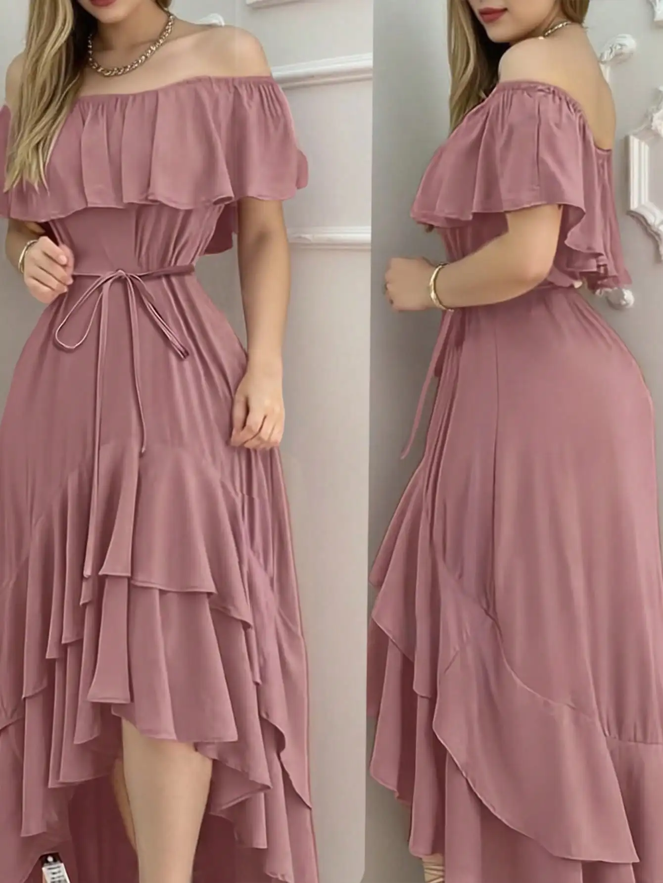 

Dusty Rose Off-Shoulder Ruffle Maxi Dress with Asymmetrical Hem and Tie Waist