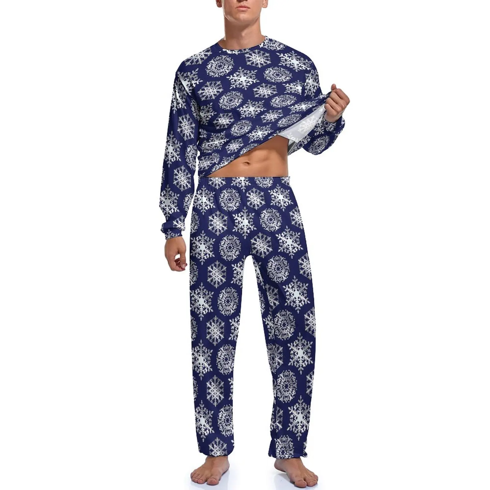 Floco de neve impressão pijamas azul e branco homem mangas compridas adorável conjuntos de pijama 2 peça quarto design diário casa terno presente aniversário