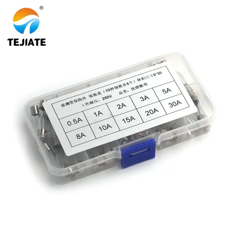 50Pcs/lot 6x30mm Quick Blow Glass Tube Fuse Assorted Kit Fast Blow Glass Fuses 250V 0.5A A 2A 3A 5A 8A 10A 15A 20A 30A