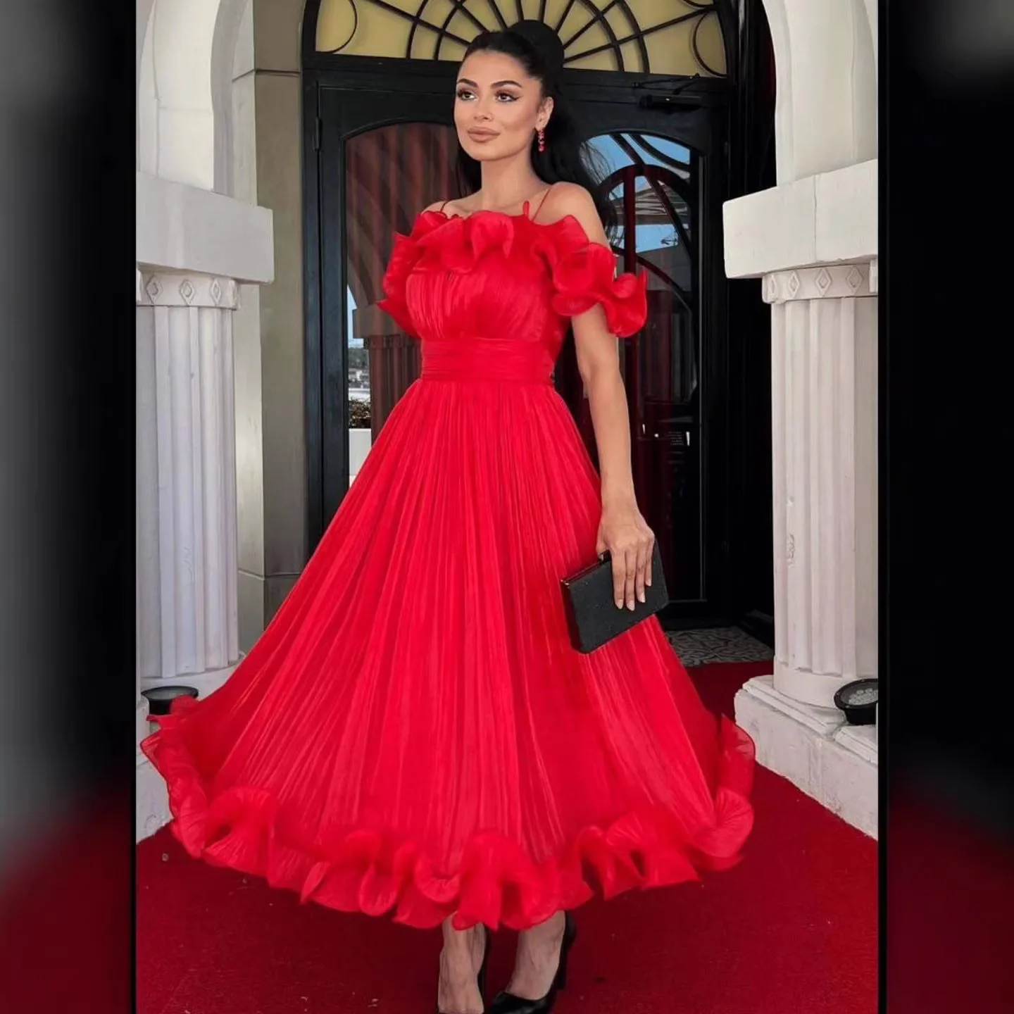 QMANSHA 2026 Rotes Rüschen-Schulterfreies Plissiertes Midi-Abendkleid A-Linie Elegantes Hochzeitsgast-Cocktailkleid für Damen – Detail 7