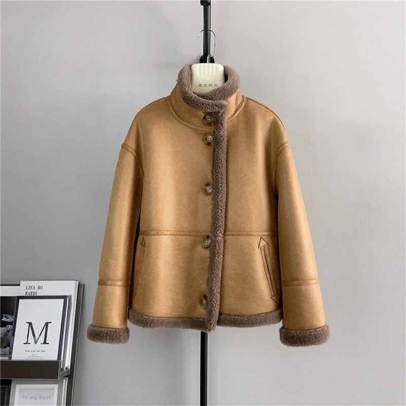 2023 New Sheep Shearling Double-sided Wear Coat Female Winter Short Stand-up Collar Motorcycle Thickened Warm Jacket PT454