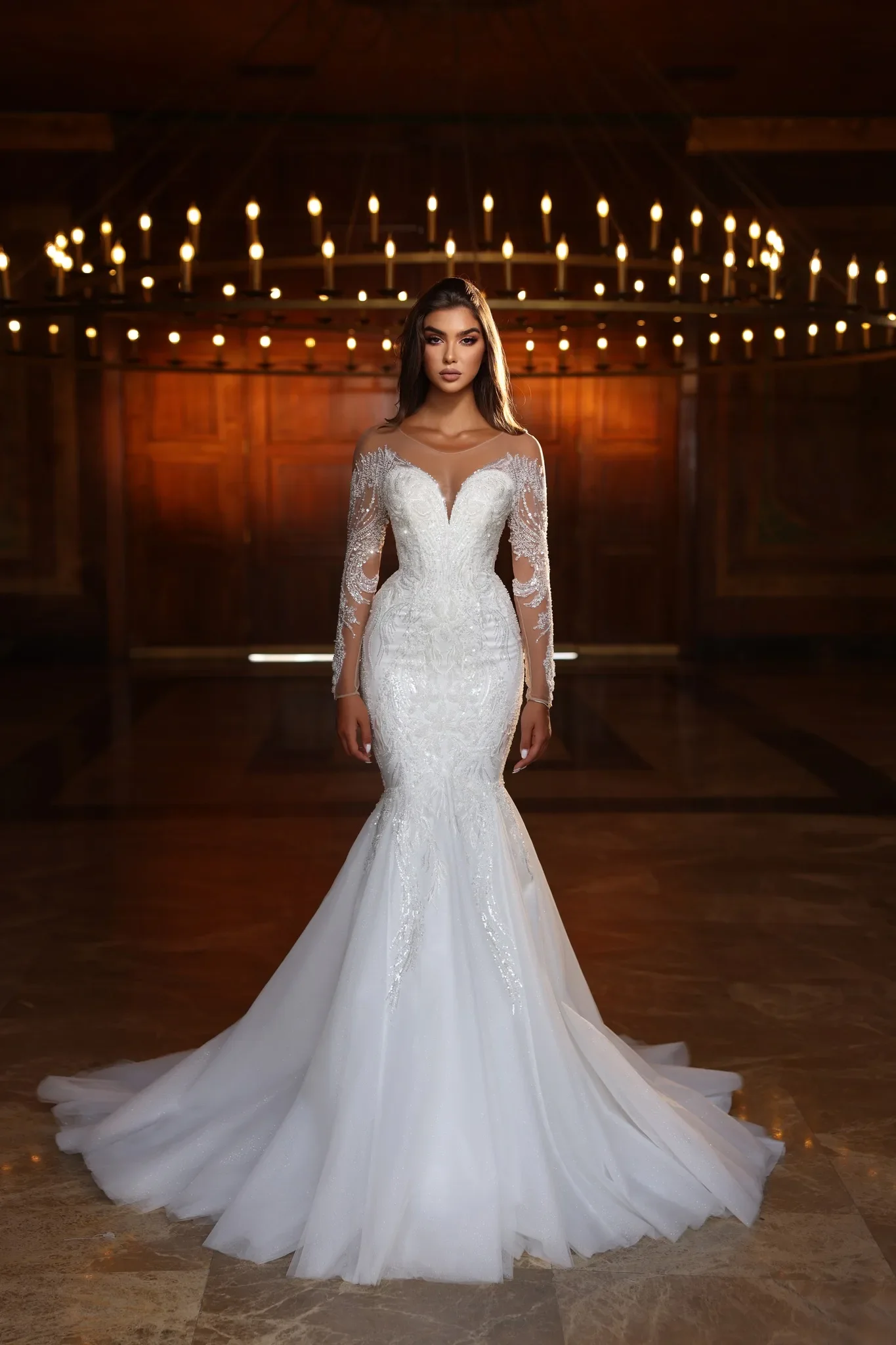 

Long Sleeve Lace Appliqued Crystal Sequined Gorgeous Bridal Gowns Sweep Train Customized Mermaid Wedding Dresses