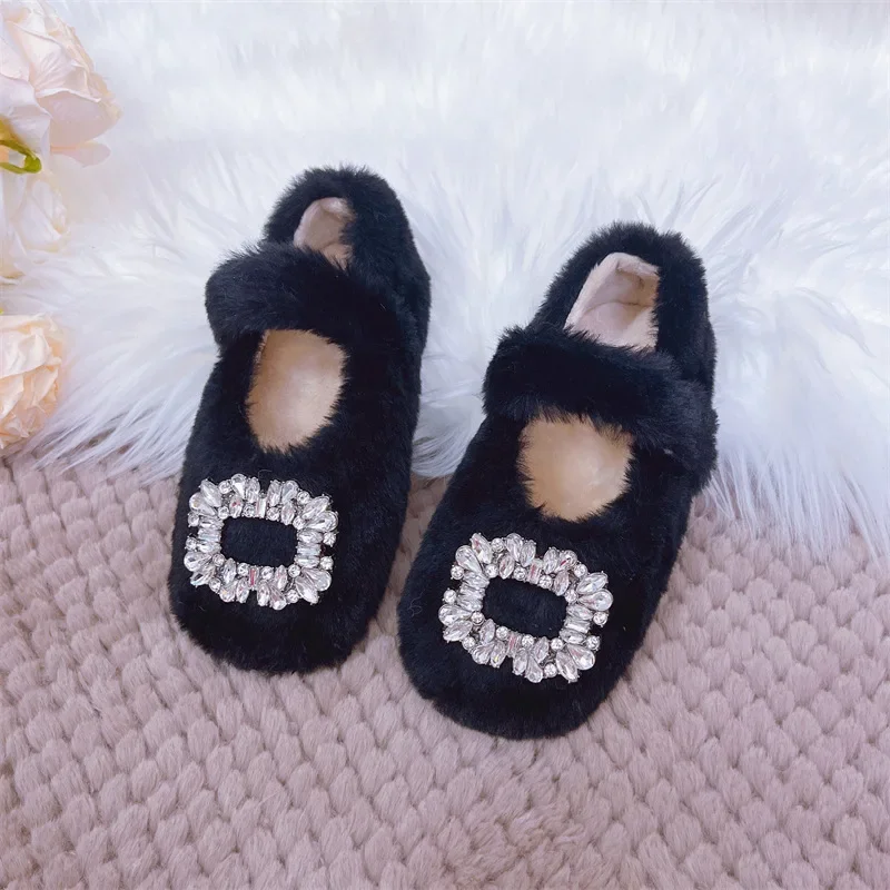 Luxury Rhinestone Fur Ballet Flats Baby Girls Winter Warm Loafers Kids Plush Mary Jane Shoes Kids Outdoor Non-slip Casual Shoes