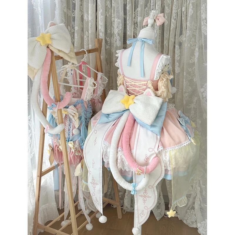 فستان Mooyiyi Di Gi Charat التأثيري للهالوين وعيد الميلاد فستان وردي وأزرق، فستان زفاف مزين بالزهور، فستان الأميرة الصناعي الثقيل