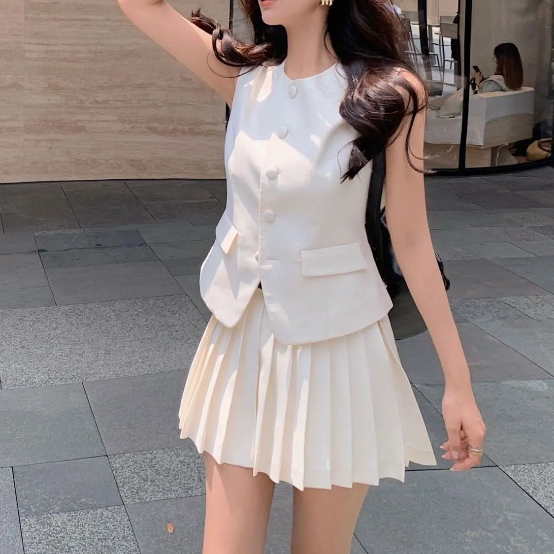 Korea Elegant Two Piece Set Vintage Office Lady Button Sleeveless Top + Pleated Mini Skirts Suit Retro Summer Black Outfit White