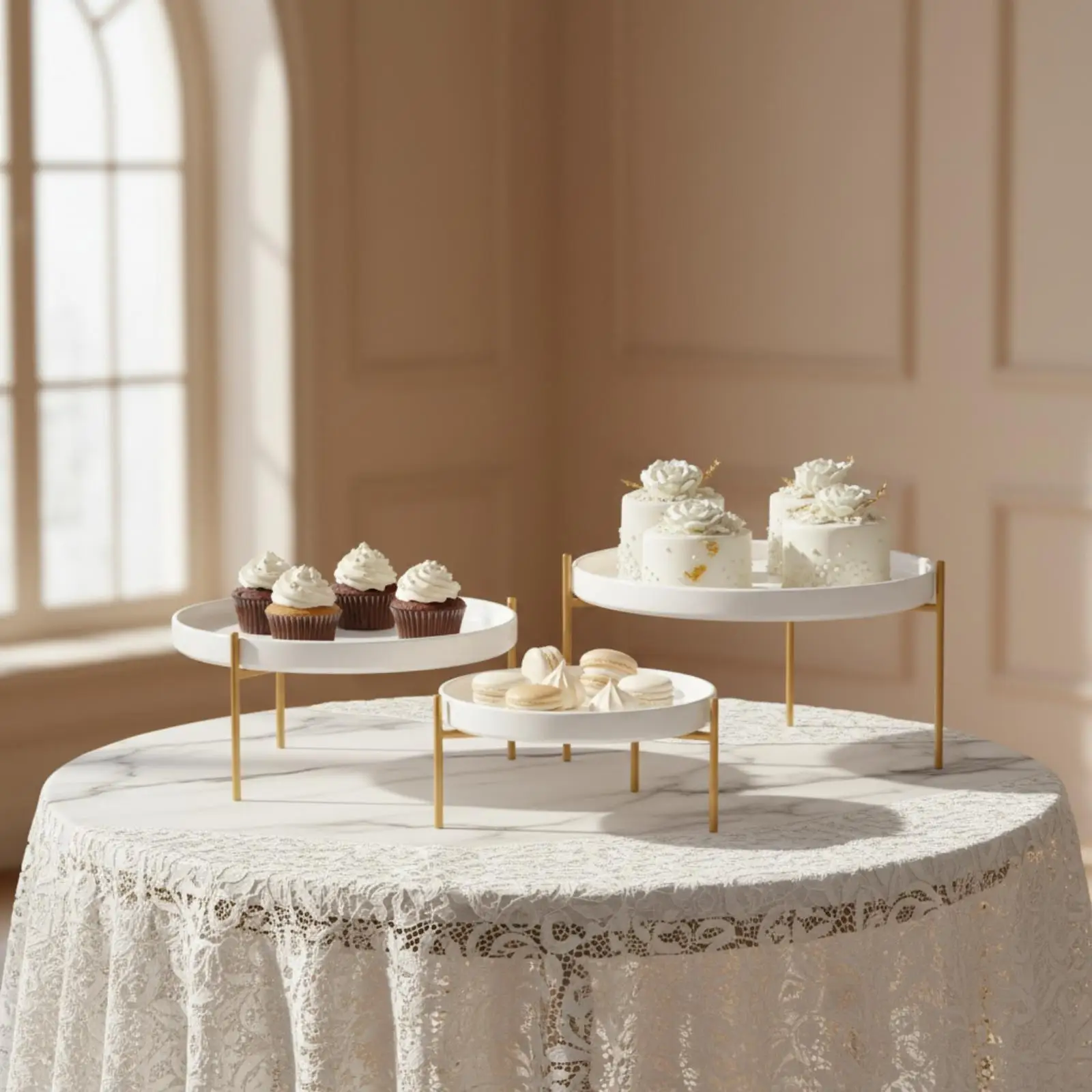 3 Layer Ceramic Cupcake Holder with Metal Legs for Engagement Party Dessert Buffet