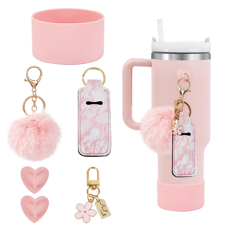 6pcs Accessories Set Silicone Water Bottle Boots Cover Mini Hooks Lipstick Sleeve Pouch Pom Daisy Charm Keychain For Stanley Cup