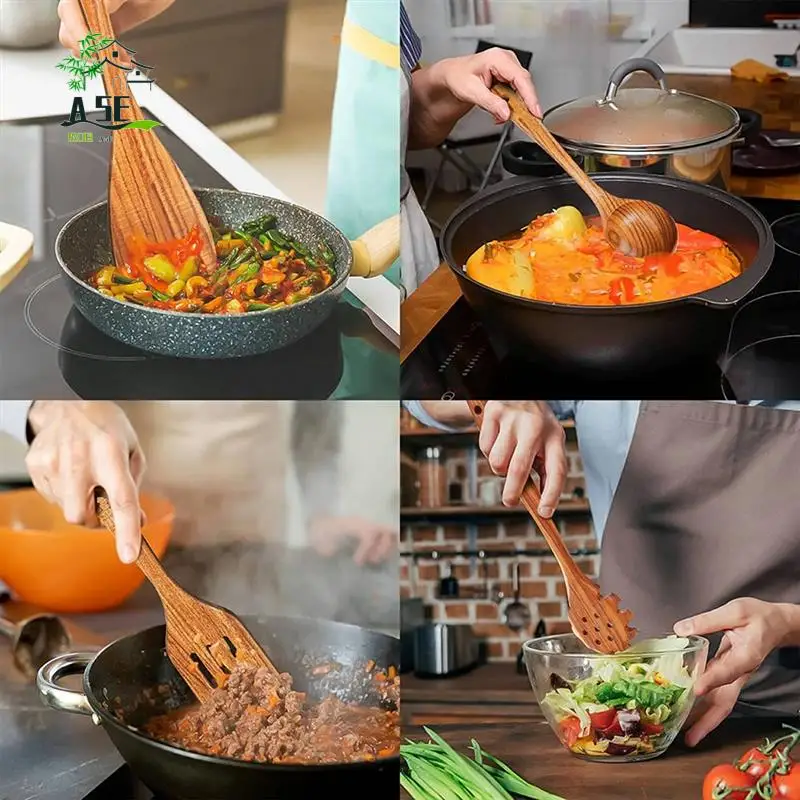 

A05E-деревянная кухонная утварь, набор кухонной утвари с держателем, ложки из тикового дерева и деревянная лопаточка для приготовления пищи