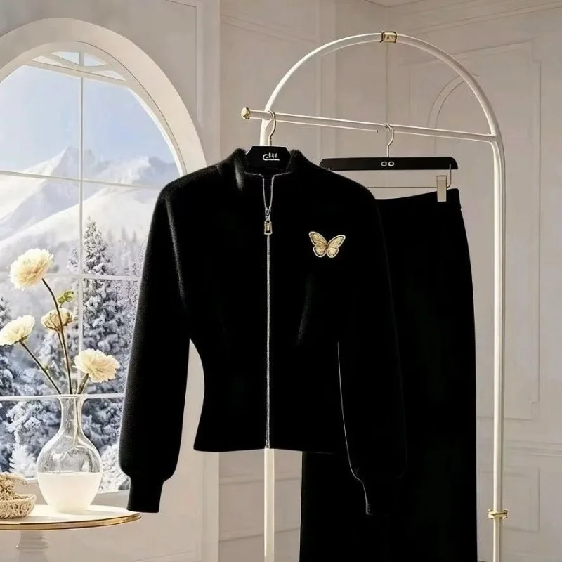 جديد فاخر الراقية الصوفية محبوك المرأة قطعتين مجموعة أنيقة التطريز طويلة الأكمام سترة + تنورة ضئيلة بلون البدلة #3