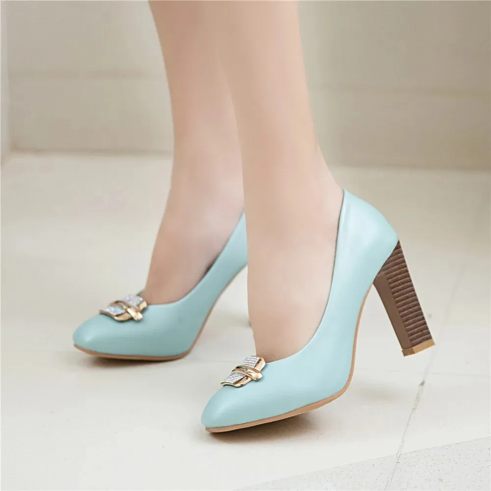 Block High Heels Women Elegant Fashion Metal Decorations Rhinestone Square Toe Party Dress Wedding Pumps Shoes Big Size 45 T711