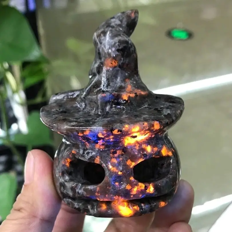 8cm Natural Yooperlites Flame Stone Handmade Carved Pumpkin Lamp Polished Powerful Statue For Home Decoration Halloween Gift1pcs