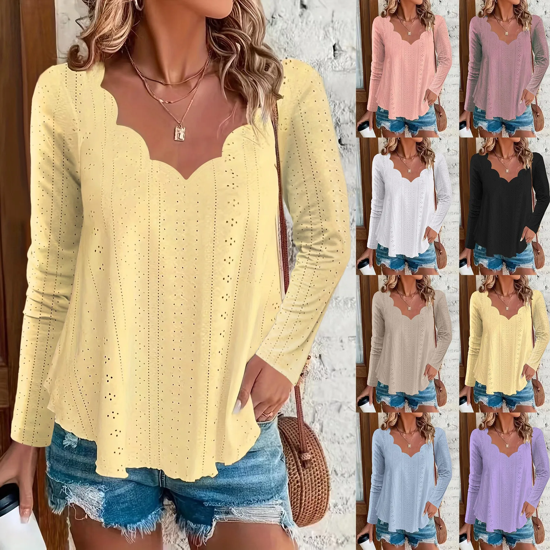 Women's Long-sleeve Blouse Longsleeve Pullover Blouses V Neck Solid Color Top Scallop Neck Eyelet Long Sleeve Top Pastel Pink