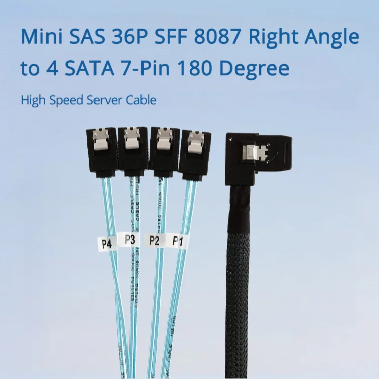 Mini SAS 36P SFF 8087 Right Angle To 4 SATA 7-Pin 180 Degree High Speed Server Cable Length Optional 0.5M 1M