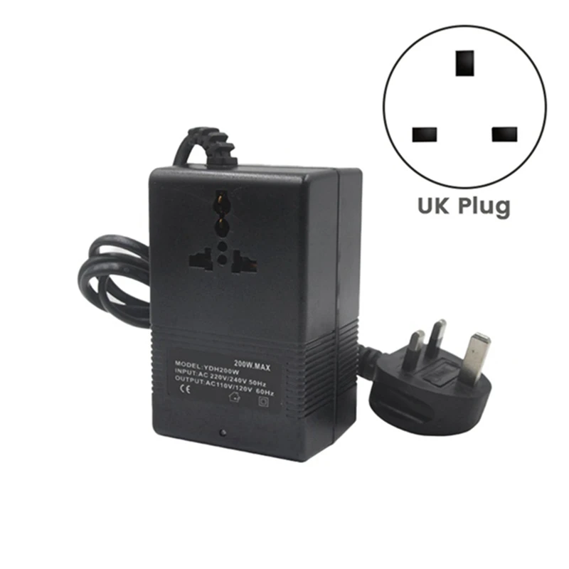 200W 전압 변환기, 220V-110V 변압기, 다운 변압기, 여행용 어댑터, 블랙 영국 플러그