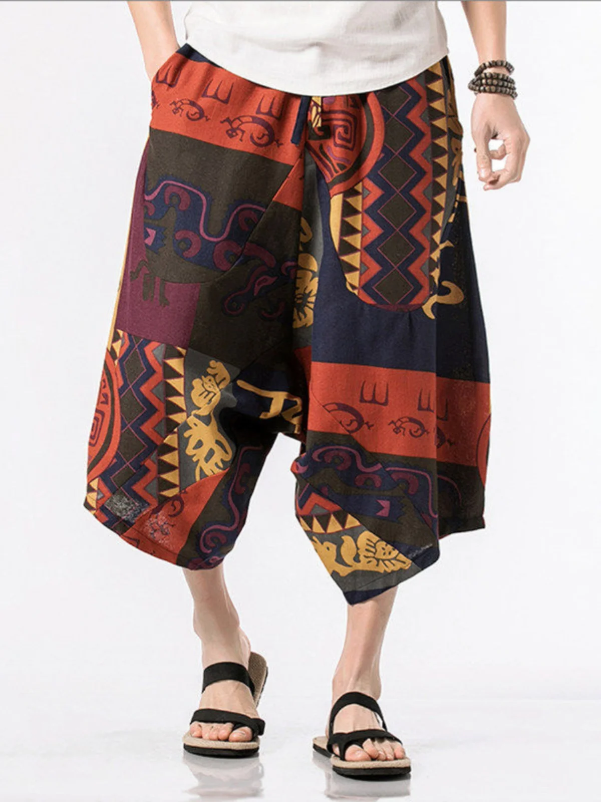 

Мужские летние свободные брюки-фонарики с принтом, широкие штаны-капри, пляжные шорты, повседневные свободные шорты больших размеров для пар, хлопковые шорты