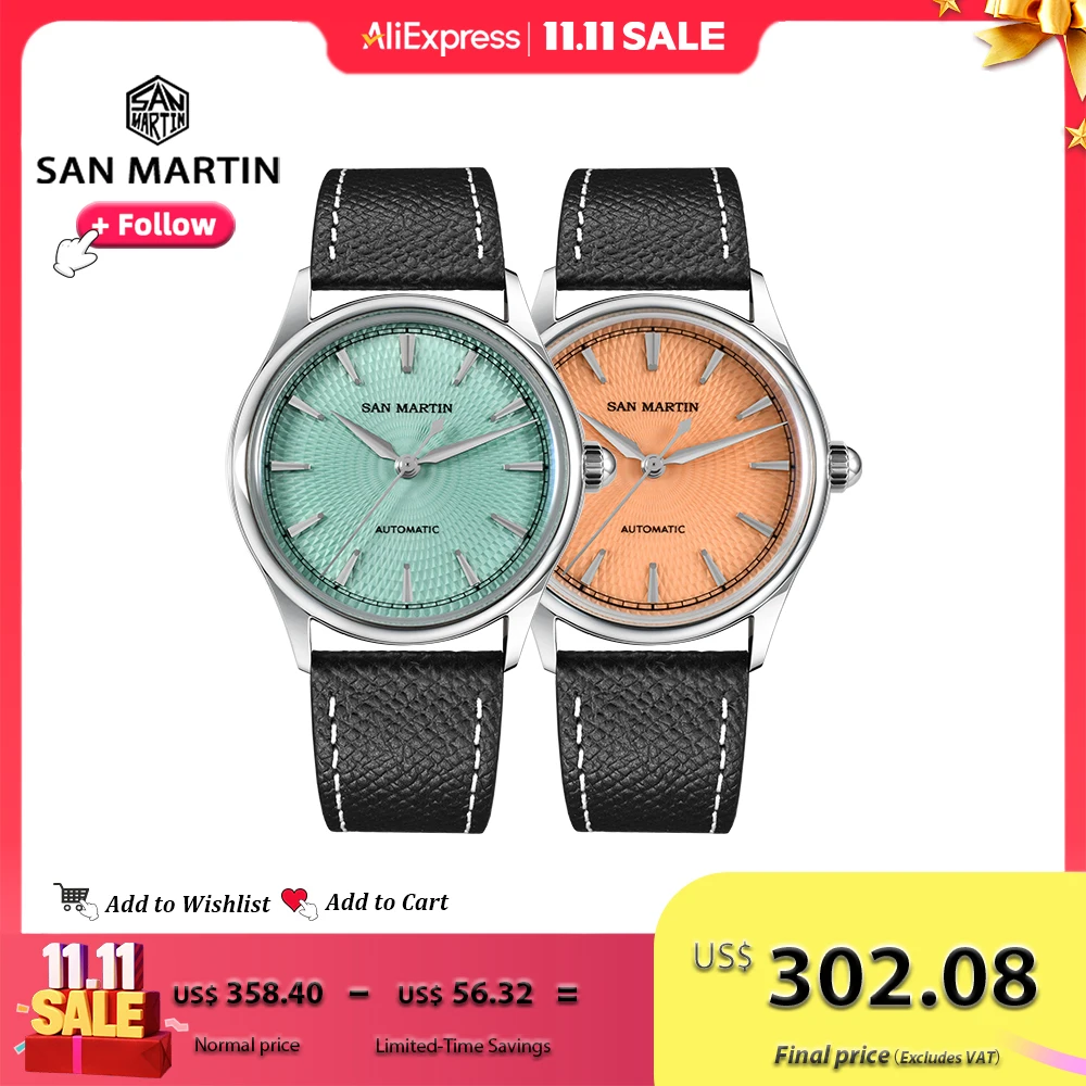 Reloj San Martin de 37mm para hombre ST1812, movimiento automático, relojes mecánicos de acero de lujo, regalos para parejas, resistente al agua, 10bar SN0110