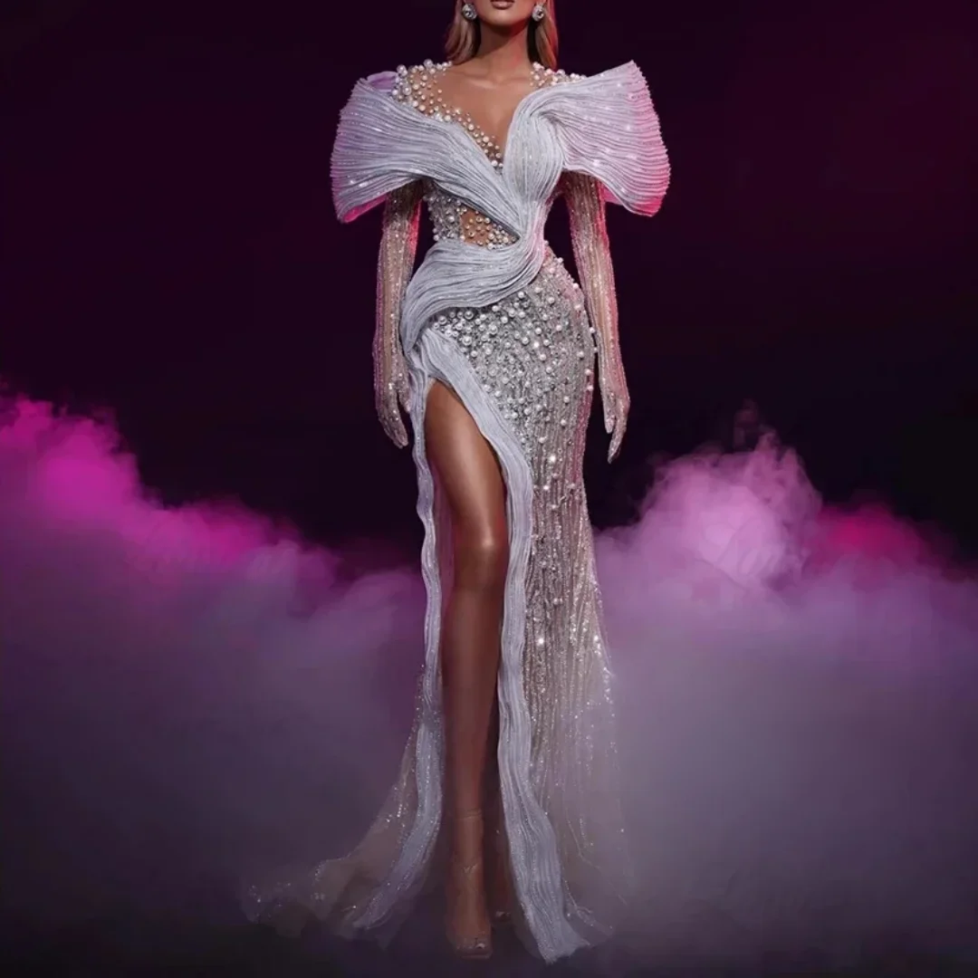 Gaun Selebriti Putri Duyung Mewah Abendkleider Gaun Pesta Pernikahan Arab Gaun Mutiara Putih Muda Lengan Panjang Belahan Gaun Prom Kustom